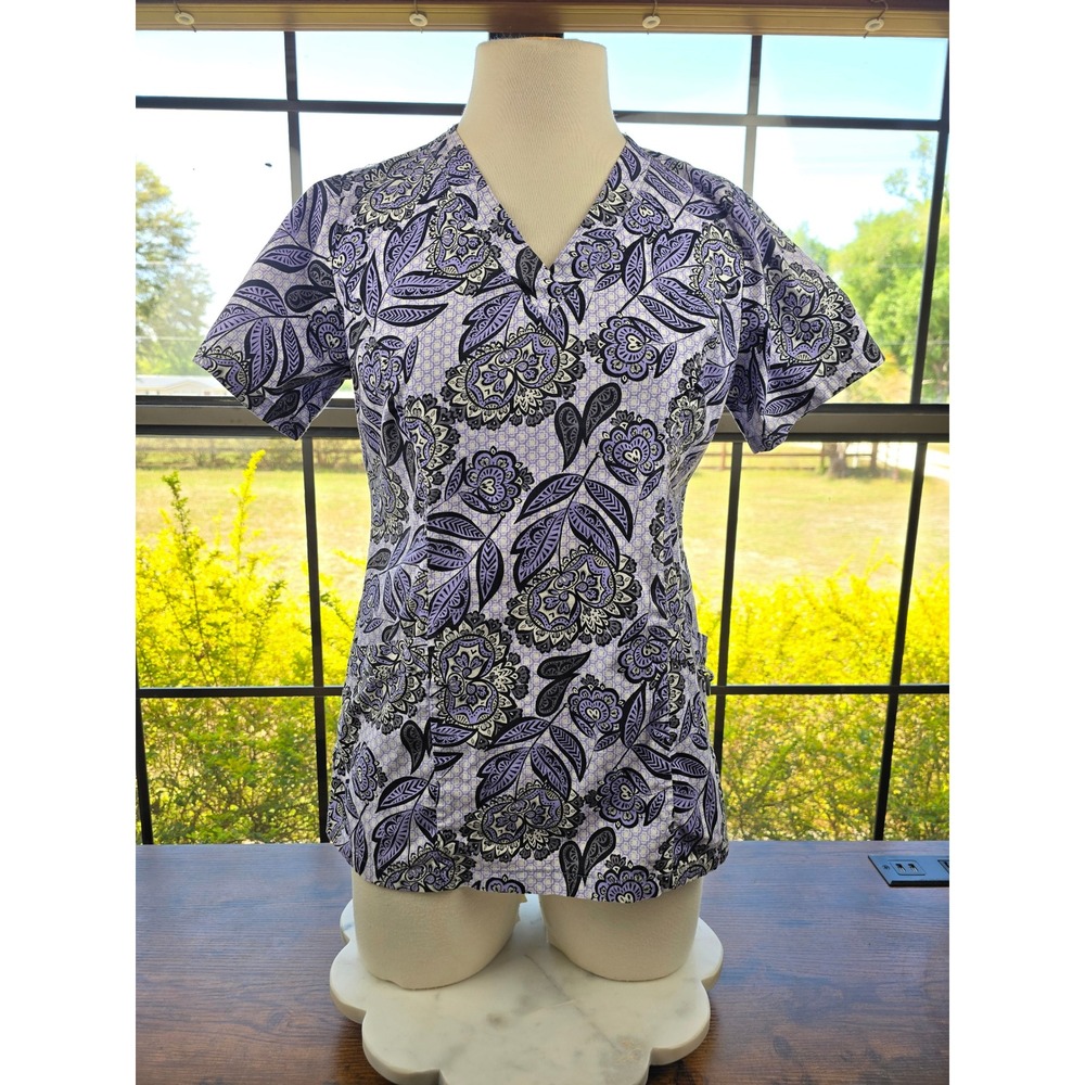 Med Couture Purple Paisley V-Neck Scrub Top Women's XS
